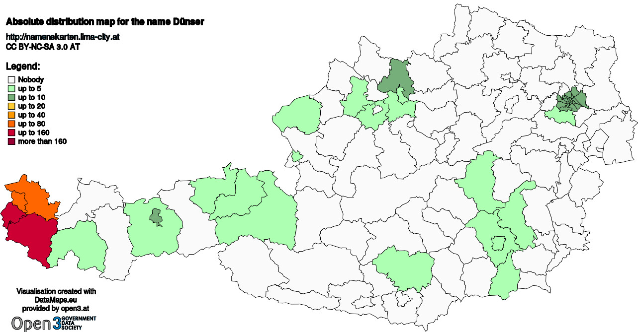 Absolute Distribution maps for surname Dünser