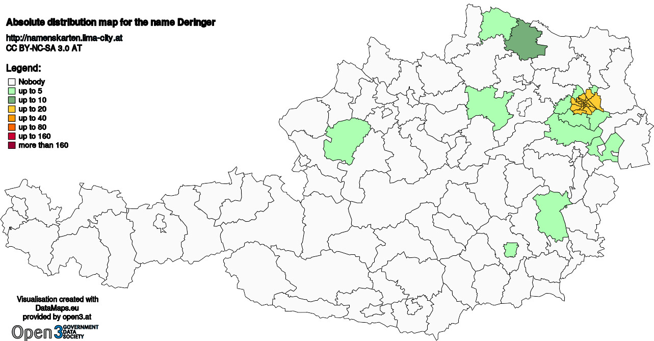 Absolute Distribution maps for surname Deringer