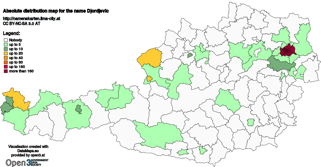 Absolute Distribution maps for surname Djordjevic