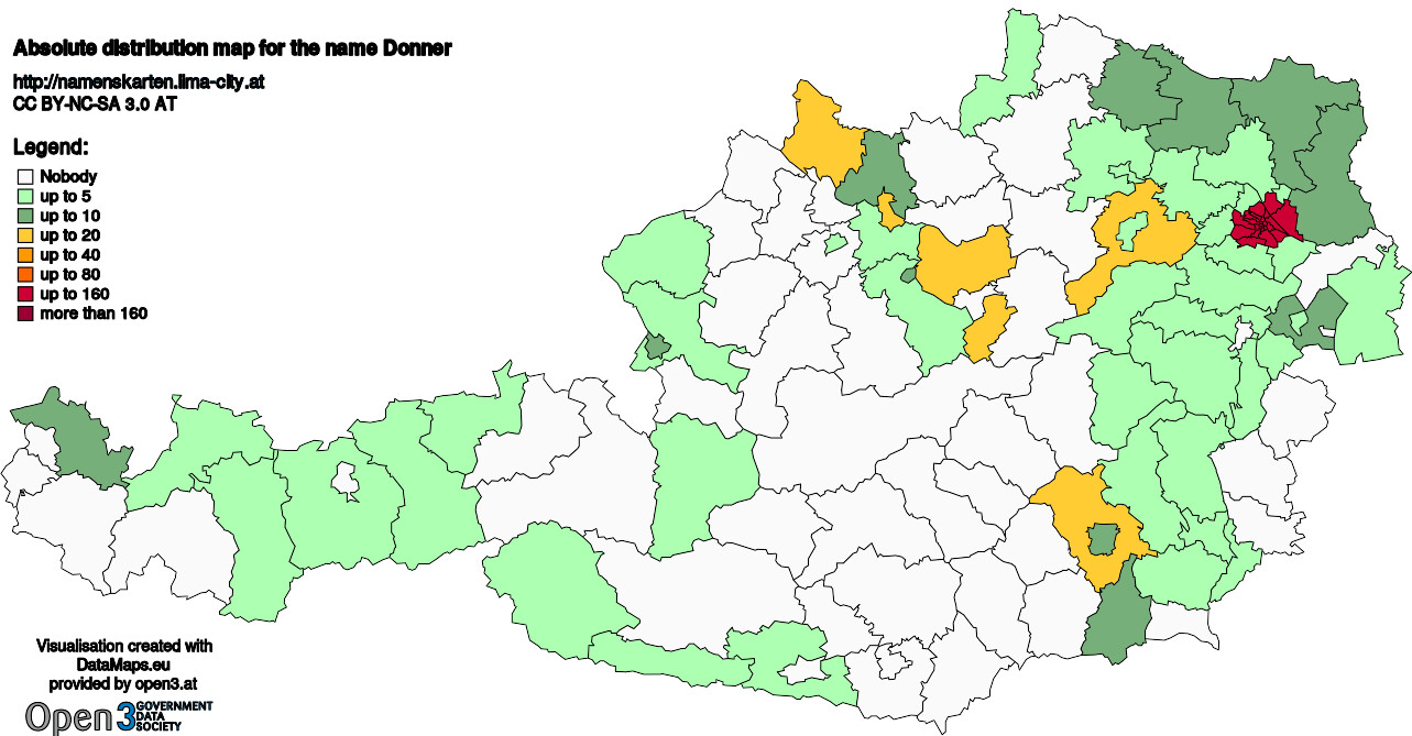 Absolute Distribution maps for surname Donner