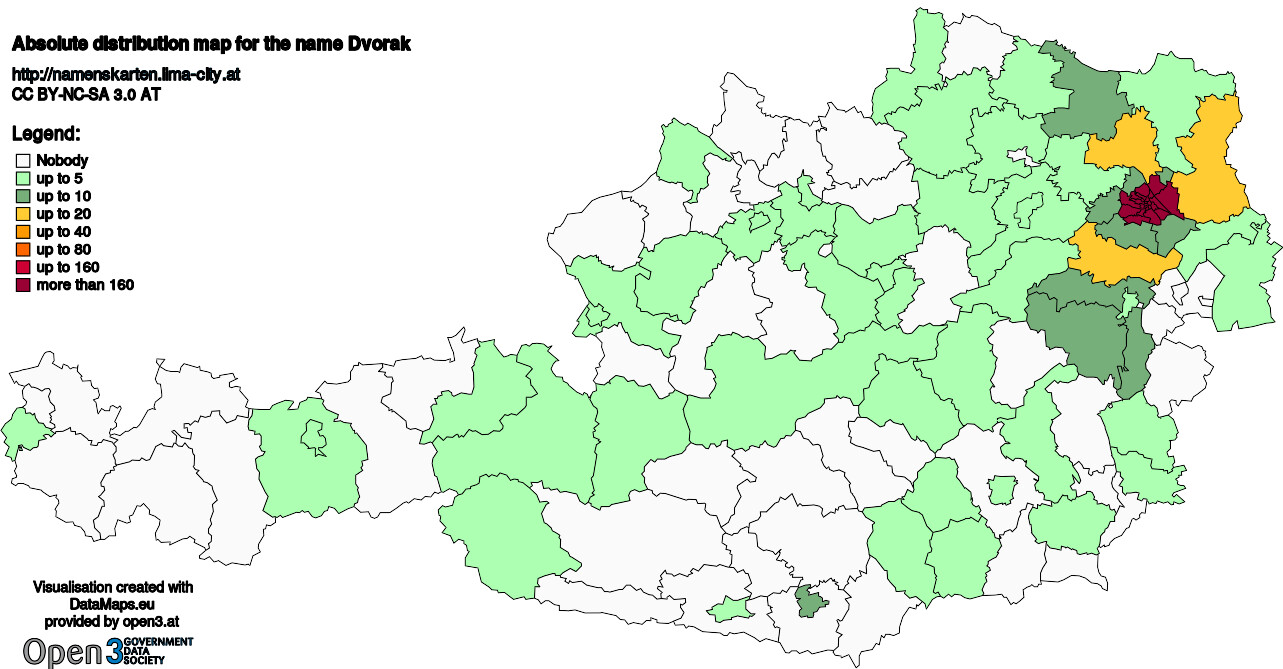 Absolute Distribution maps for surname Dvorak