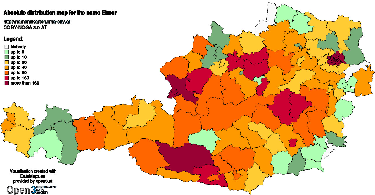 Absolute Distribution maps for surname Ebner