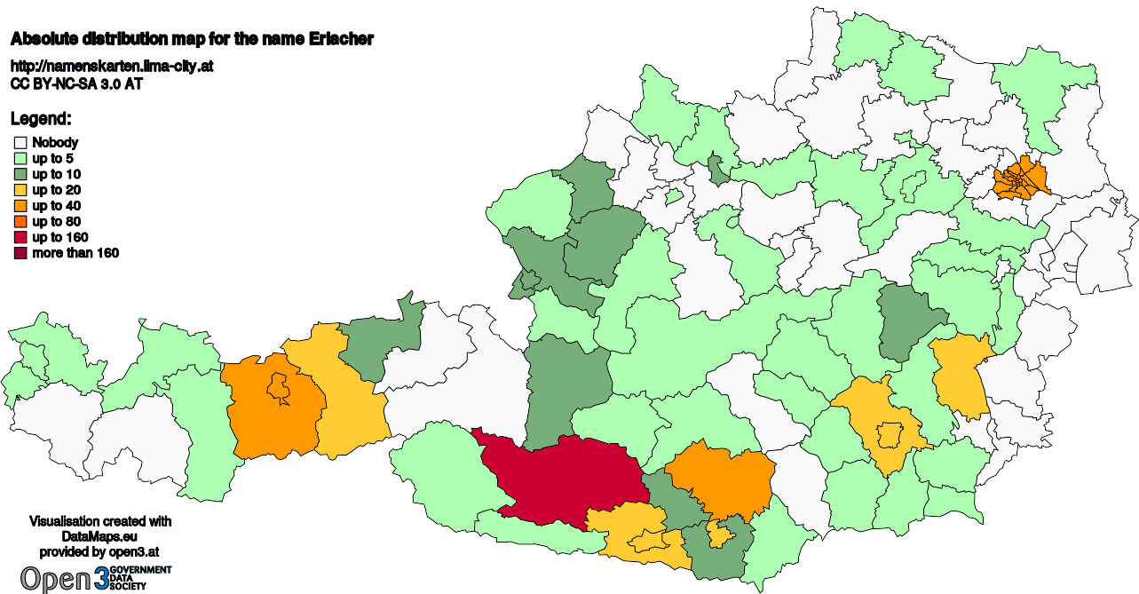 Absolute Distribution maps for surname Erlacher