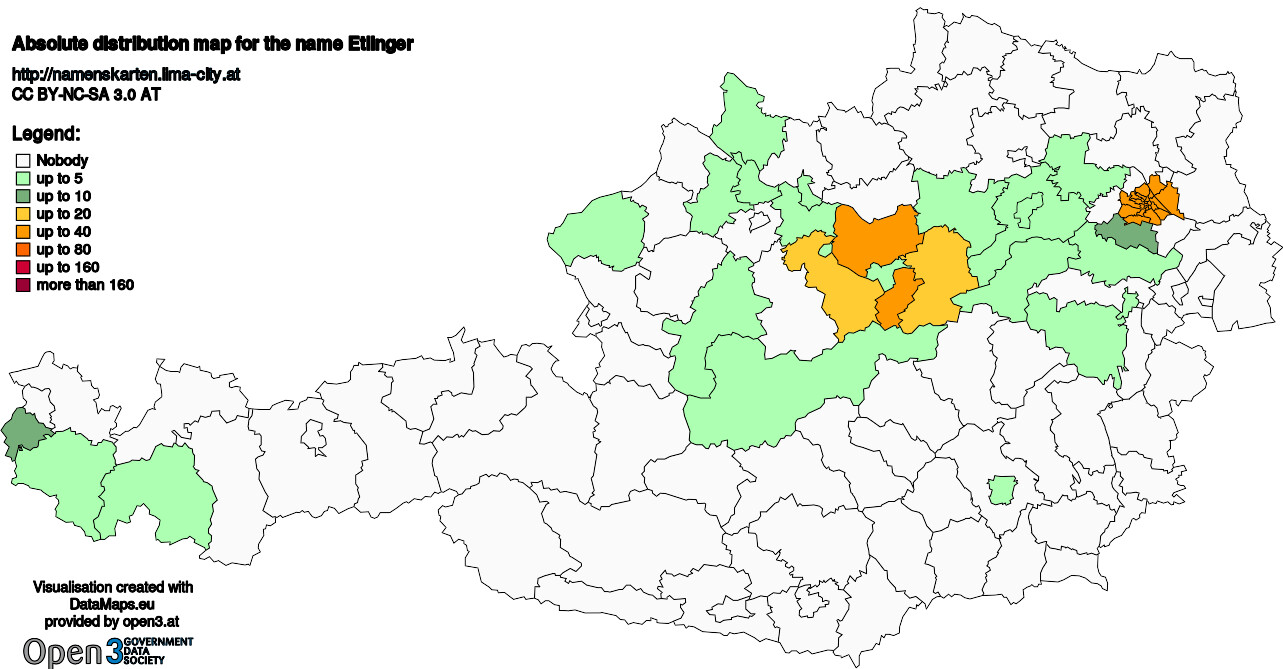 Absolute Distribution maps for surname Etlinger