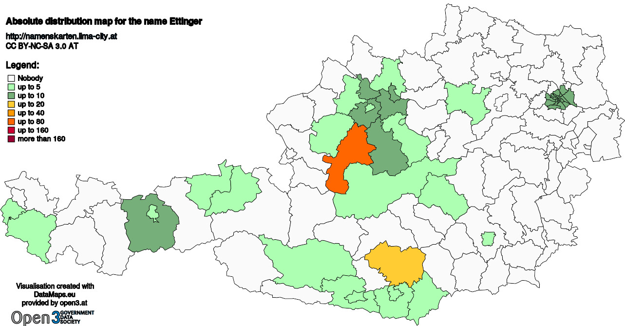 Absolute Distribution maps for surname Ettinger