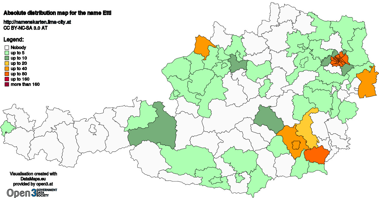 Absolute Distribution maps for surname Ettl