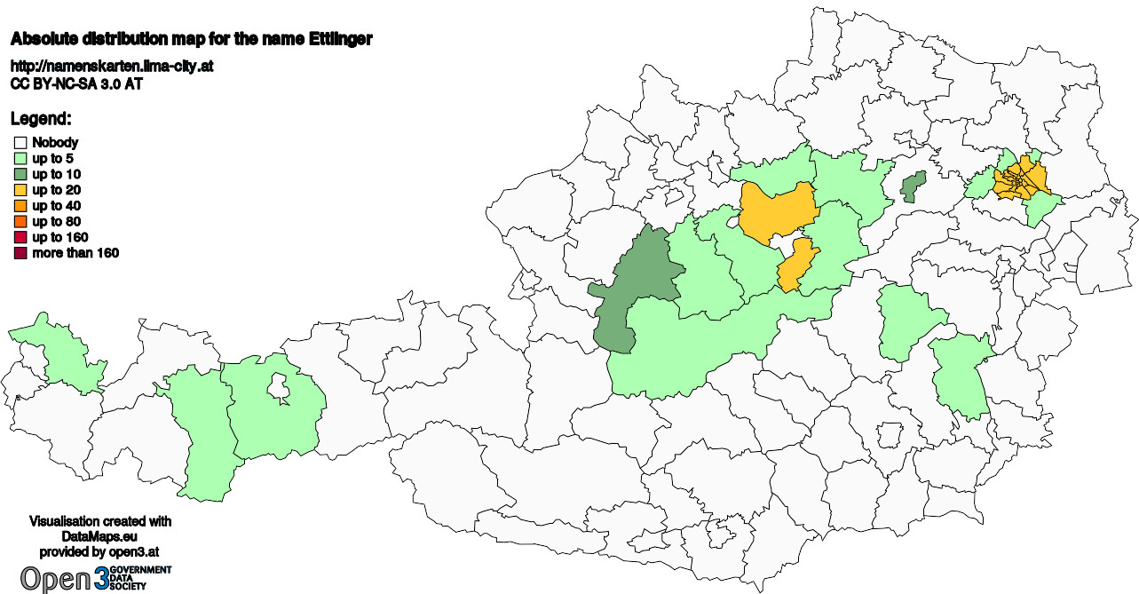 Absolute Distribution maps for surname Ettlinger