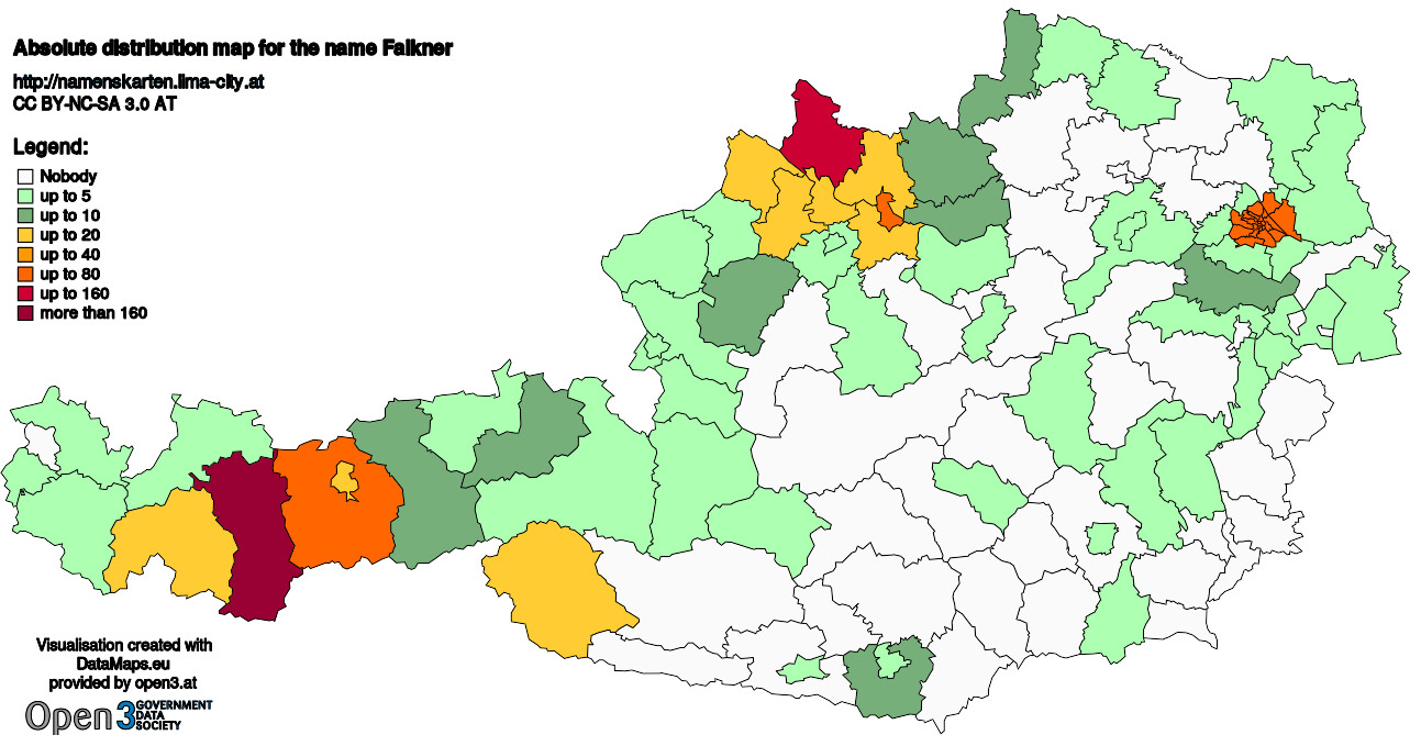 Absolute Distribution maps for surname Falkner