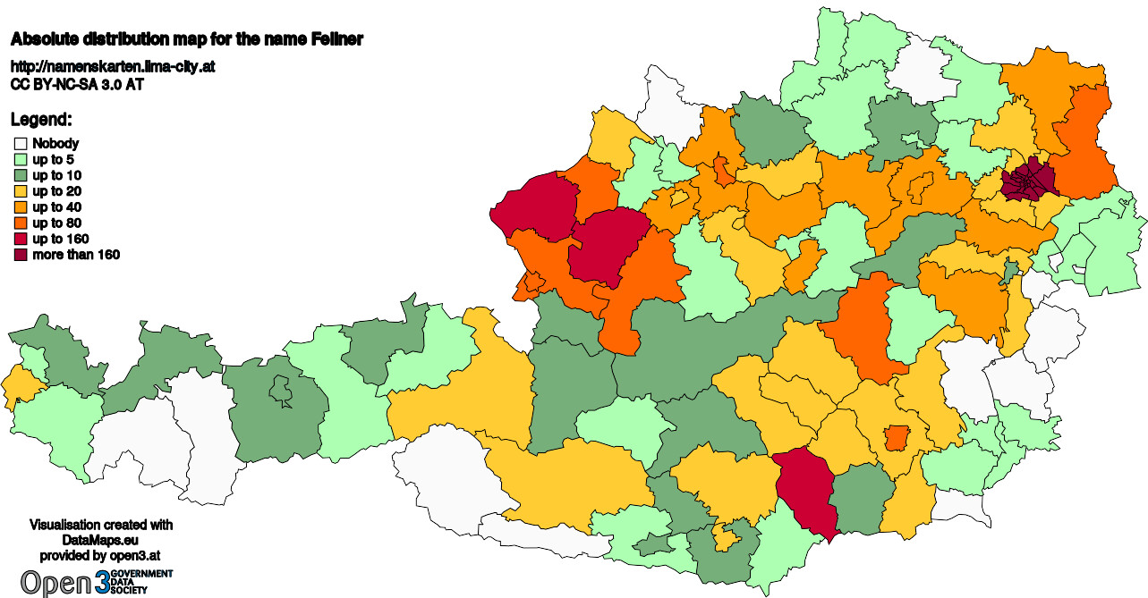 Absolute Distribution maps for surname Fellner