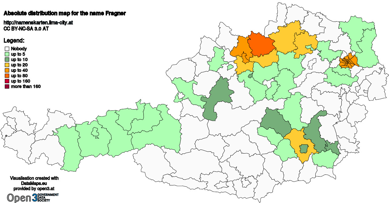 Absolute Distribution maps for surname Fragner