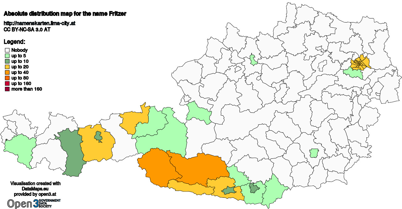Absolute Distribution maps for surname Fritzer