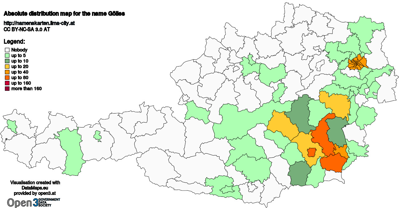 Absolute Distribution maps for surname Gölles