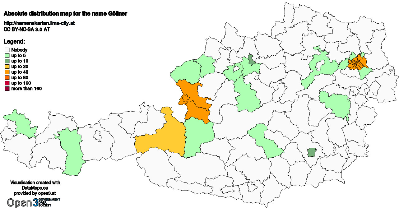 Absolute Distribution maps for surname Göllner