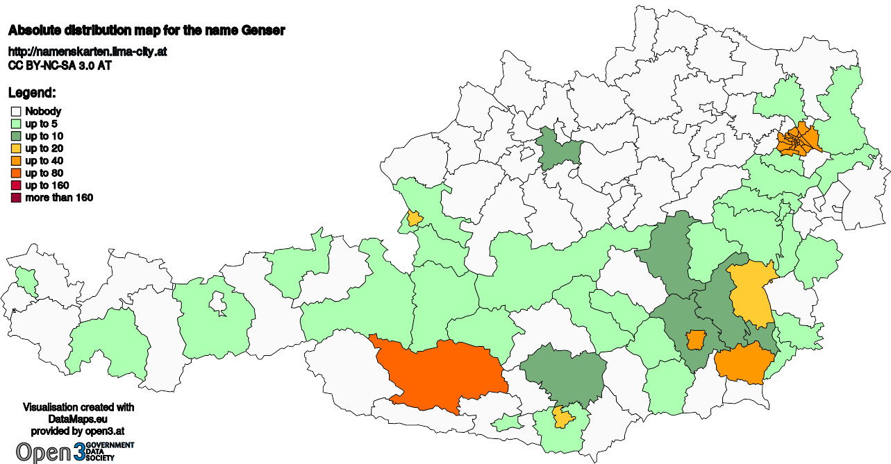 Absolute Distribution maps for surname Genser