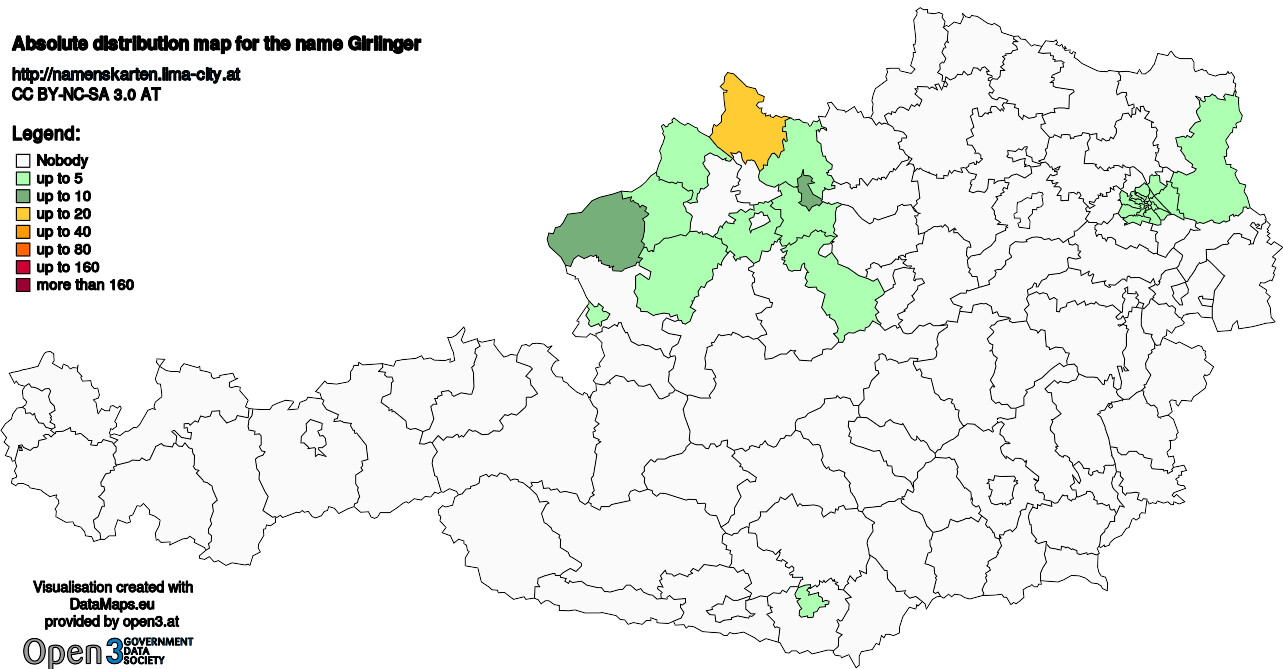 Absolute Distribution maps for surname Girlinger