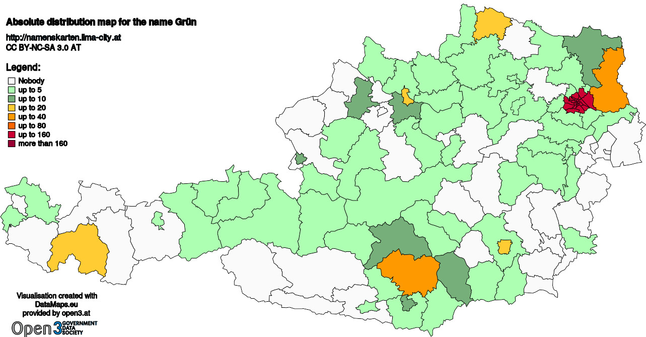 Absolute Distribution maps for surname Grün