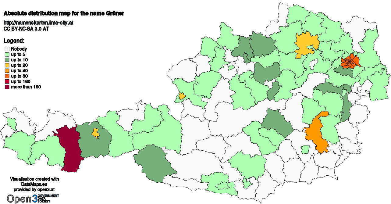 Absolute Distribution maps for surname Grüner