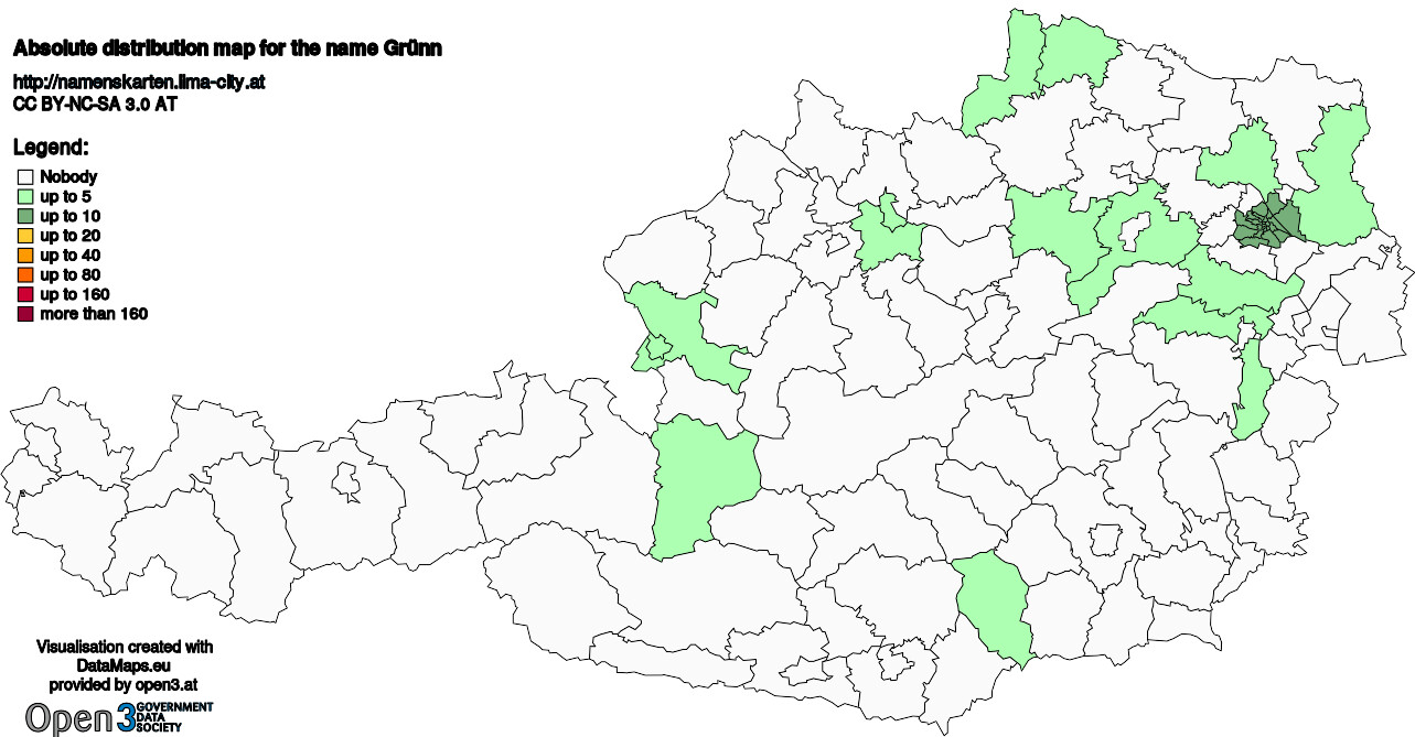 Absolute Distribution maps for surname Grünn