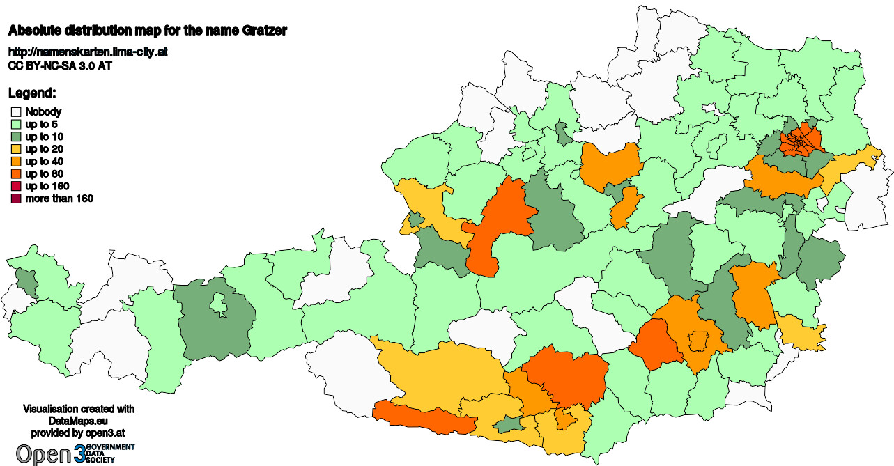 Absolute Distribution maps for surname Gratzer