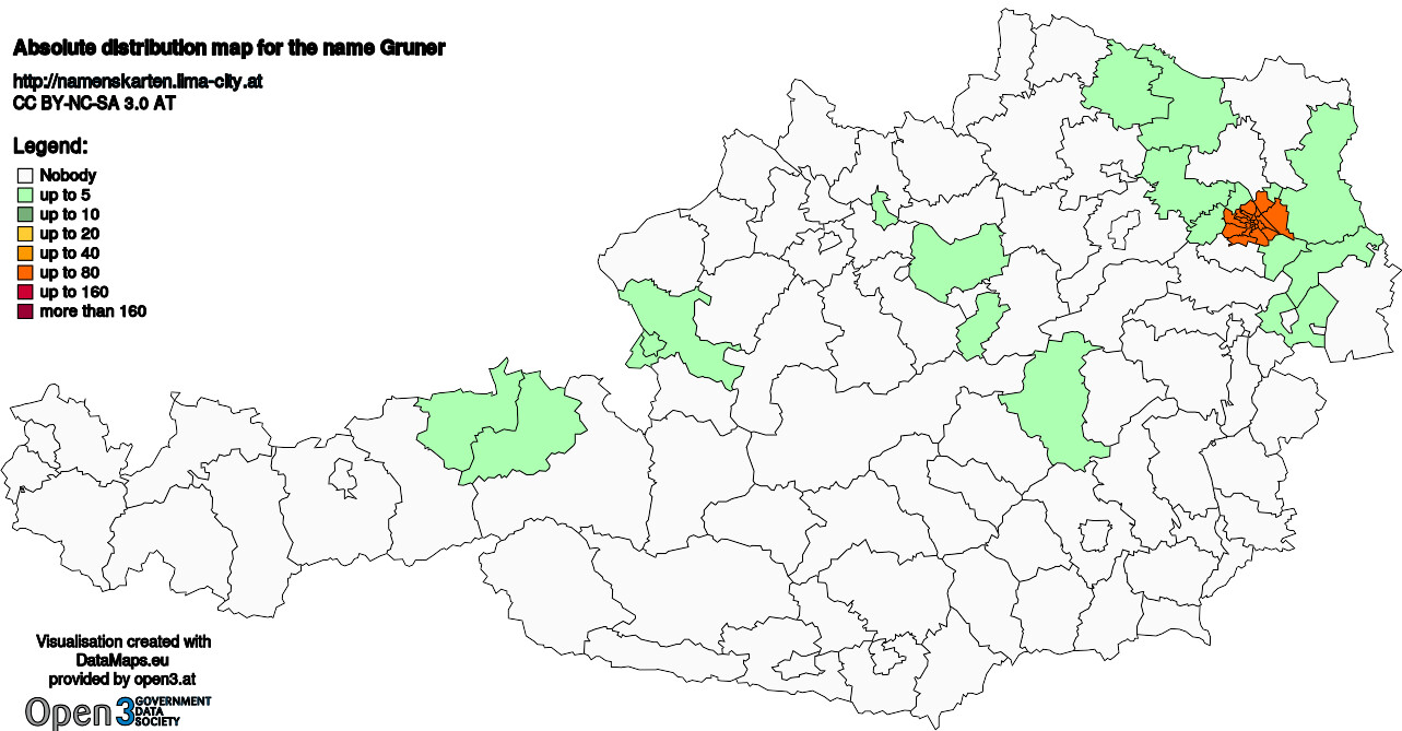 Absolute Distribution maps for surname Gruner