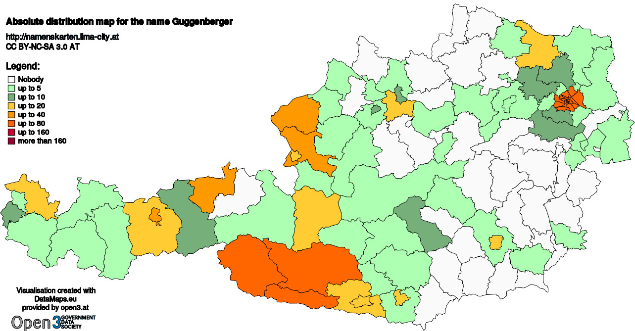 Absolute Distribution maps for surname Guggenberger