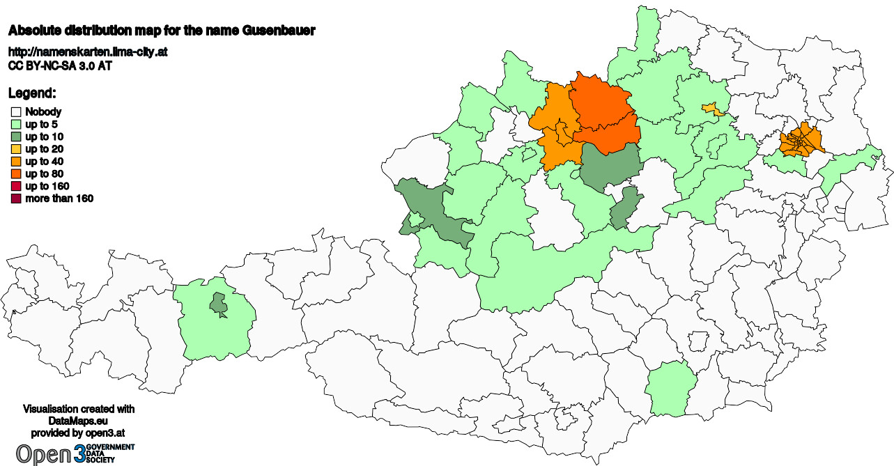 Absolute Distribution maps for surname Gusenbauer