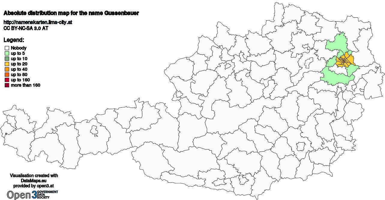 Absolute Distribution maps for surname Gussenbauer