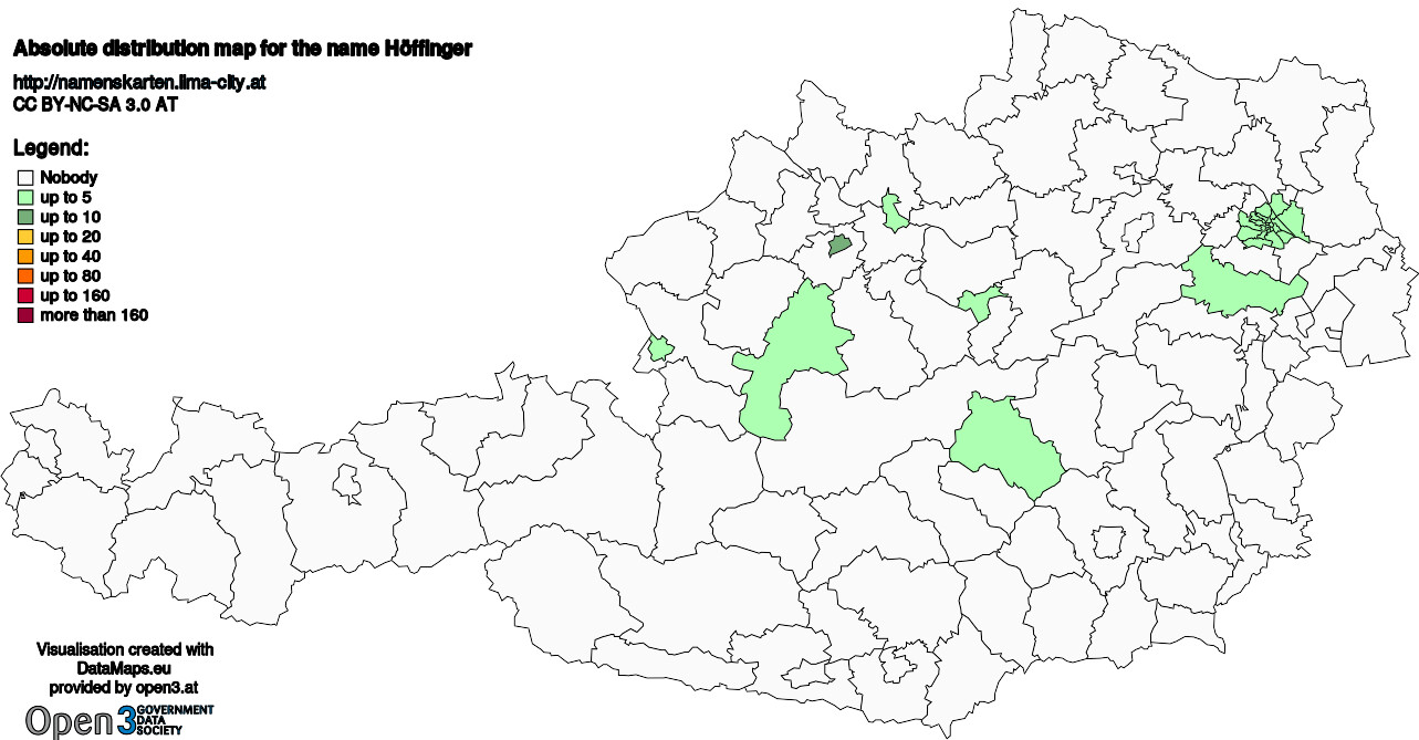 Absolute Distribution maps for surname Höffinger