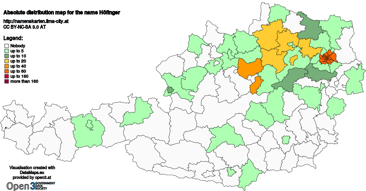 Absolute Distribution maps for surname Höfinger