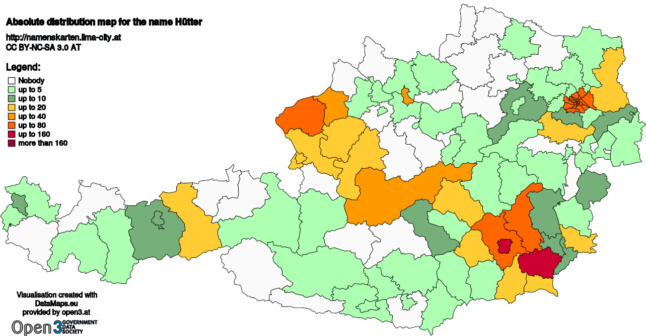 Absolute Distribution maps for surname Hütter