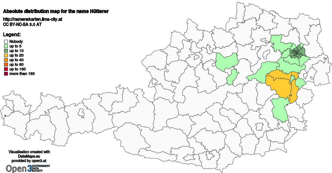 Absolute Distribution maps for surname Hütterer