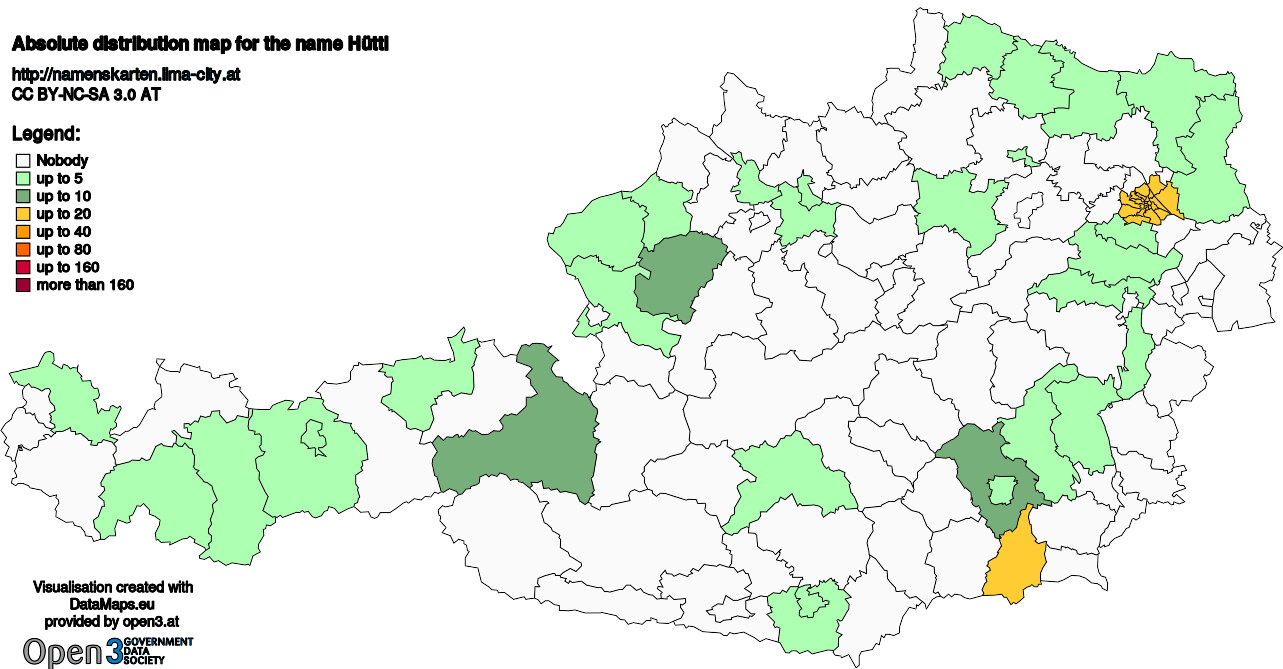 Absolute Distribution maps for surname Hüttl