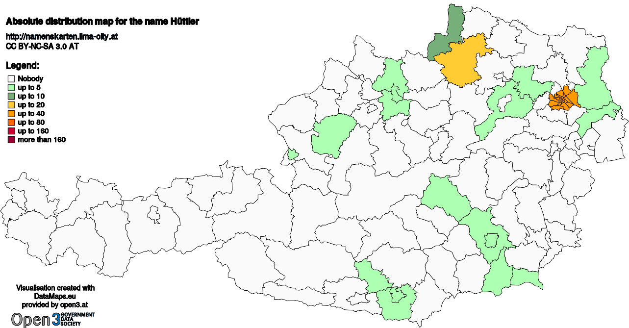 Absolute Distribution maps for surname Hüttler