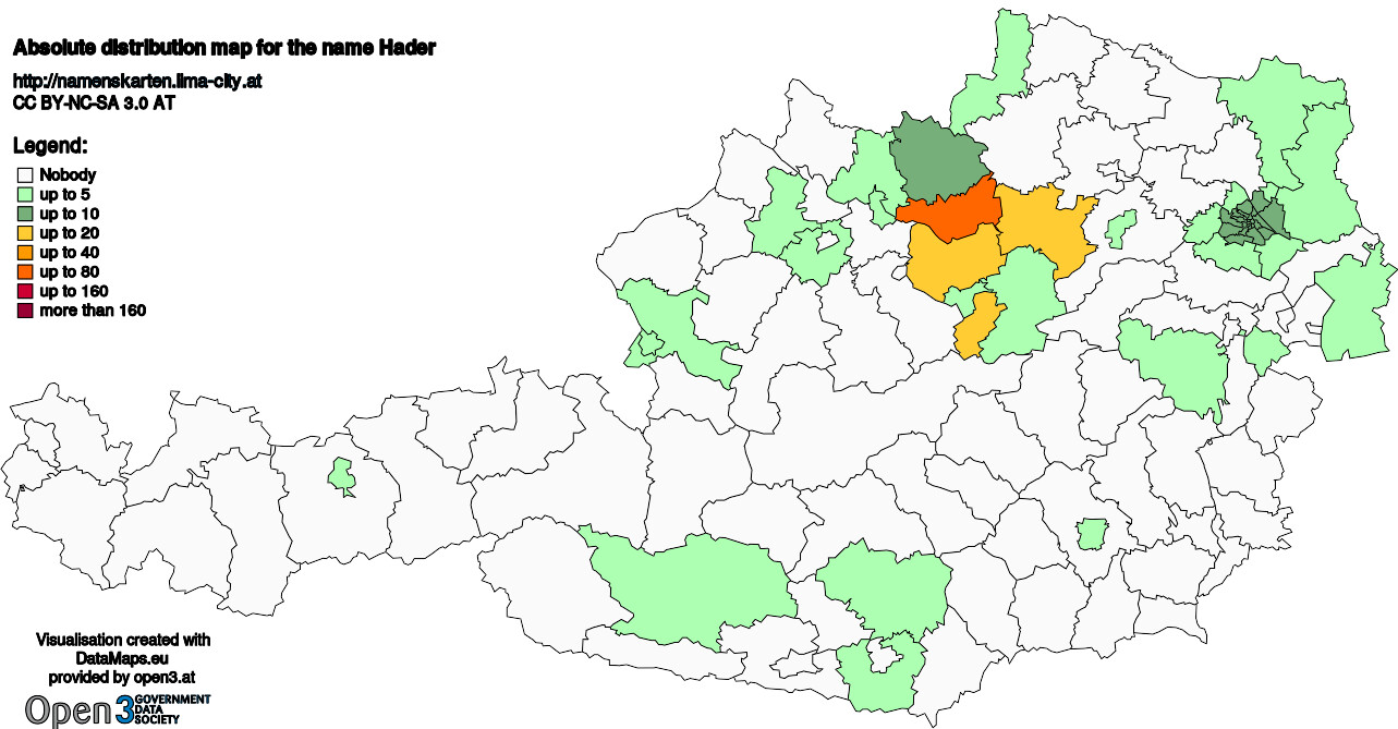 Absolute Distribution maps for surname Hader