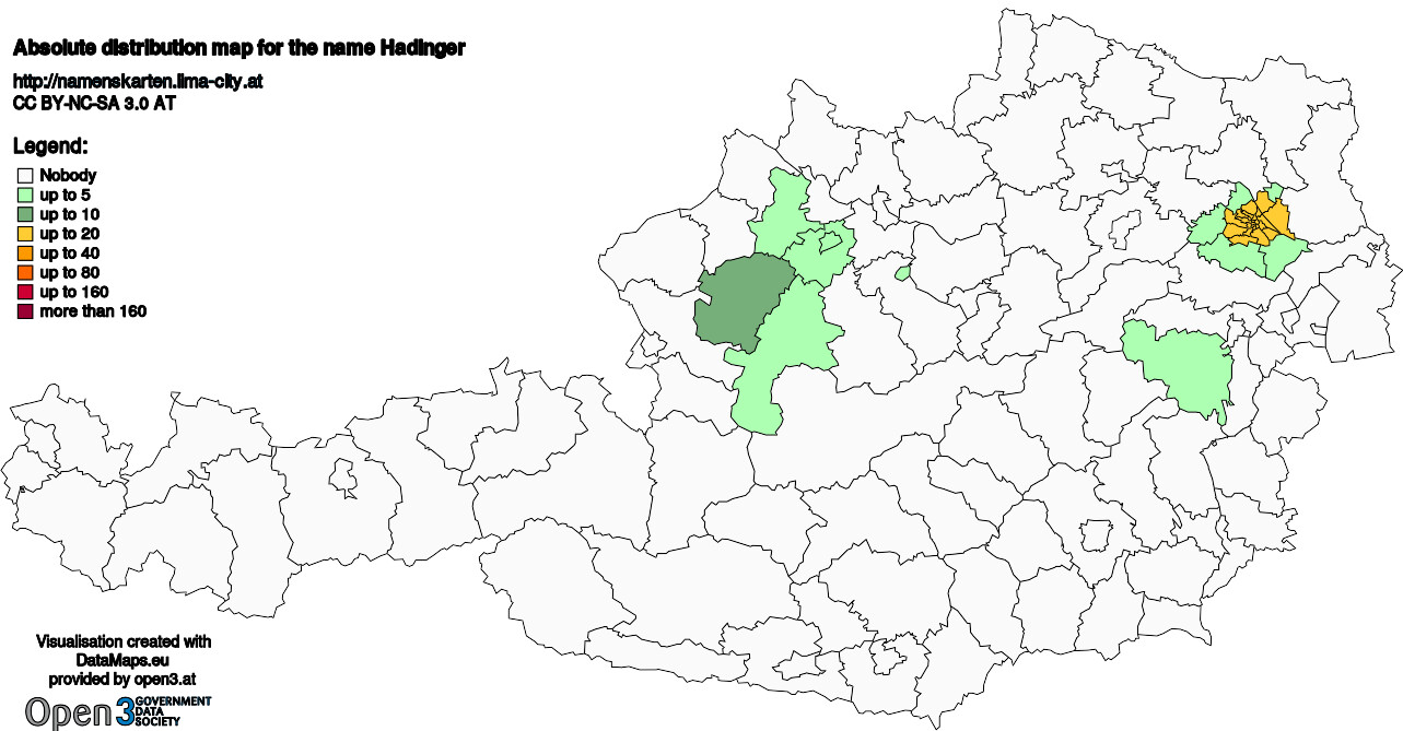 Absolute Distribution maps for surname Hadinger