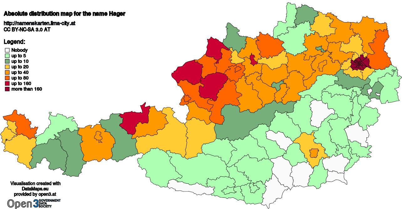 Absolute Distribution maps for surname Hager