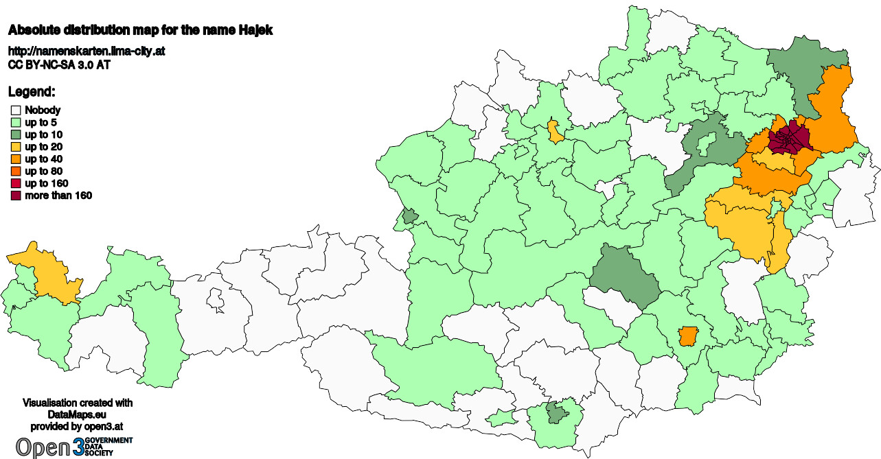 Absolute Distribution maps for surname Hajek