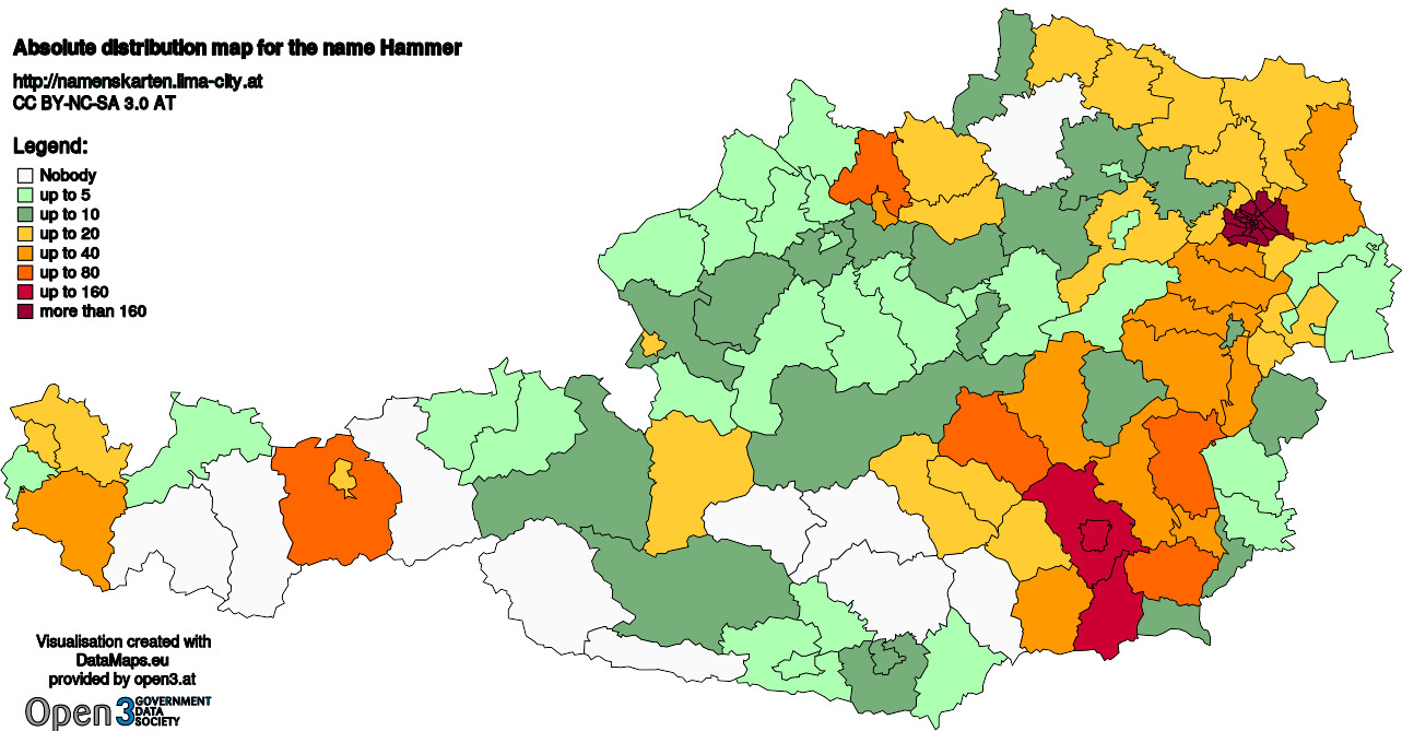 Absolute Distribution maps for surname Hammer