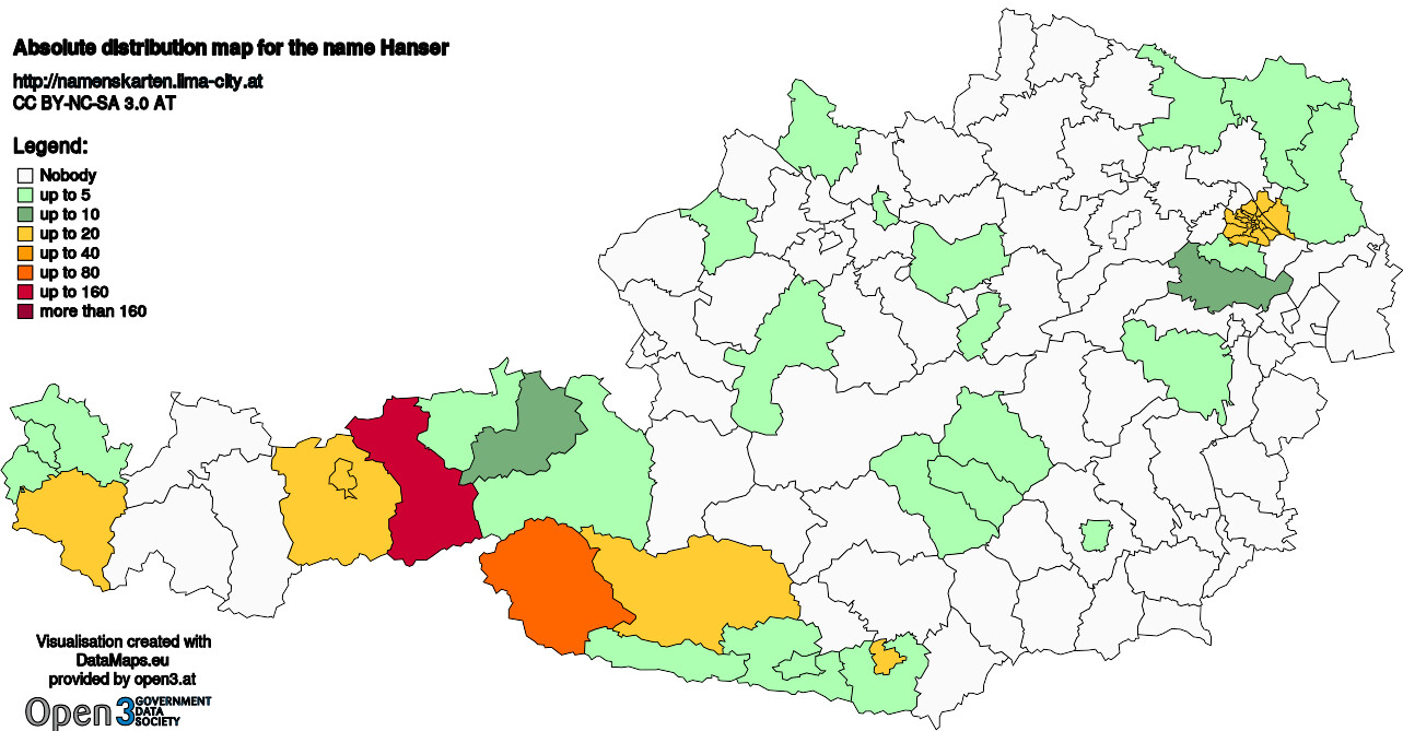 Absolute Distribution maps for surname Hanser