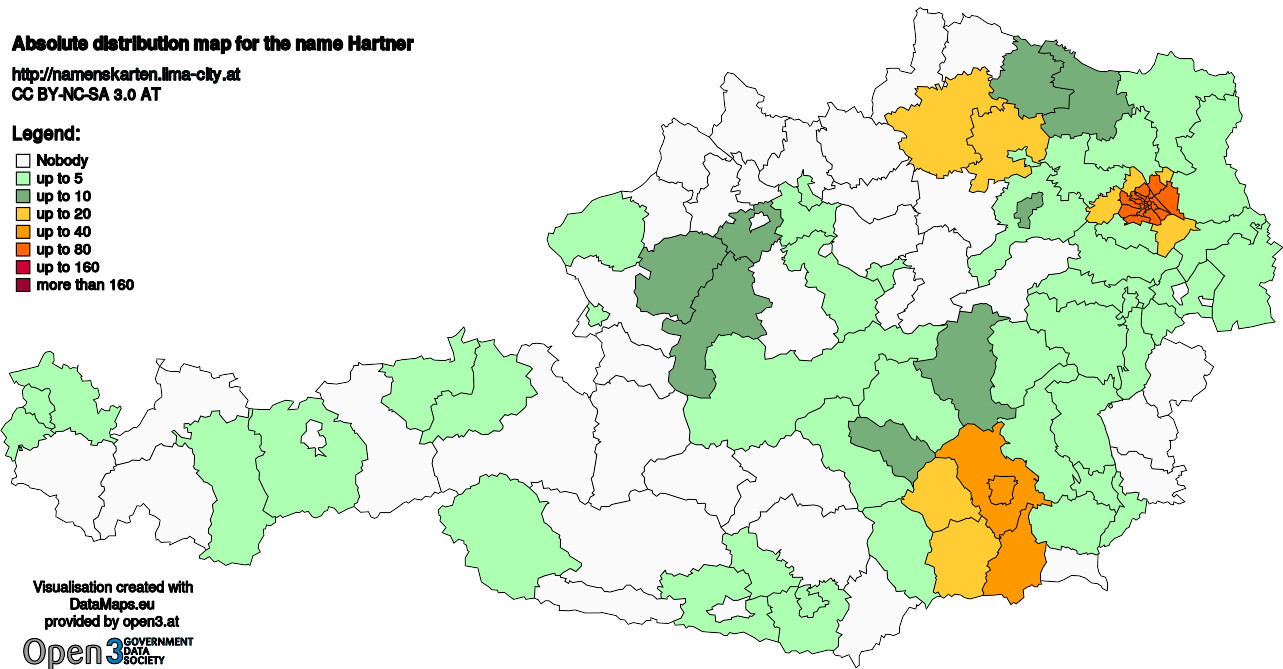 Absolute Distribution maps for surname Hartner