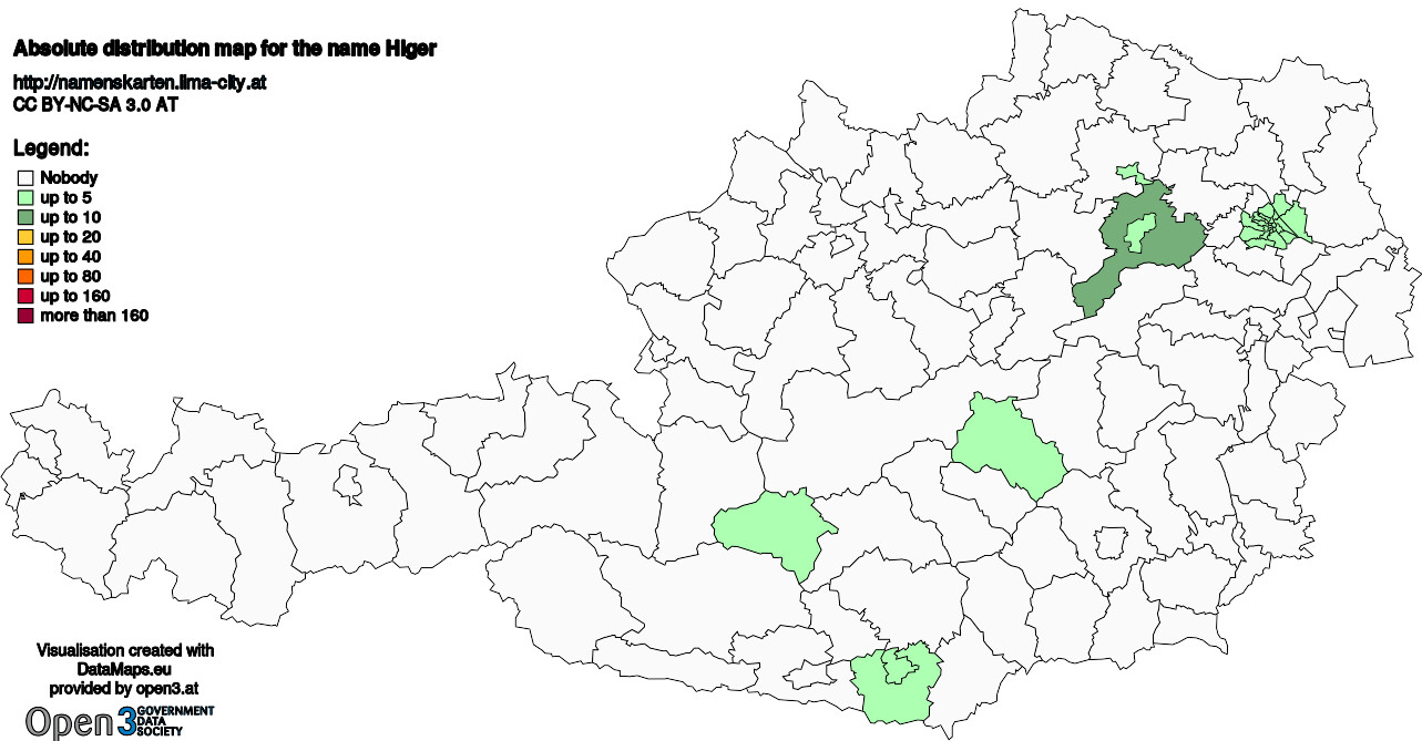 Absolute Distribution maps for surname Higer