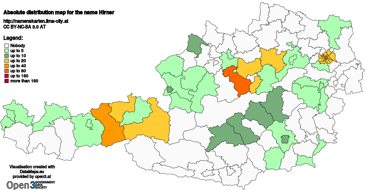 Absolute Distribution maps for surname Hirner