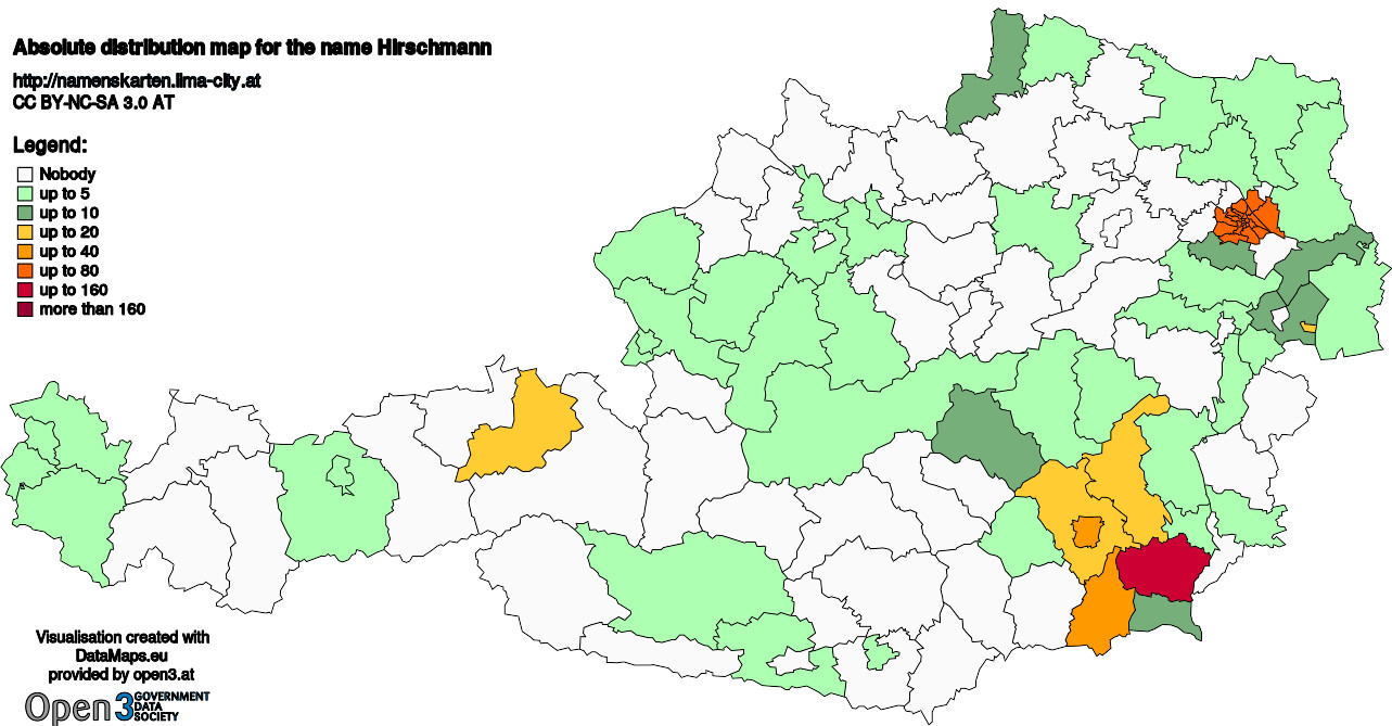 Absolute Distribution maps for surname Hirschmann