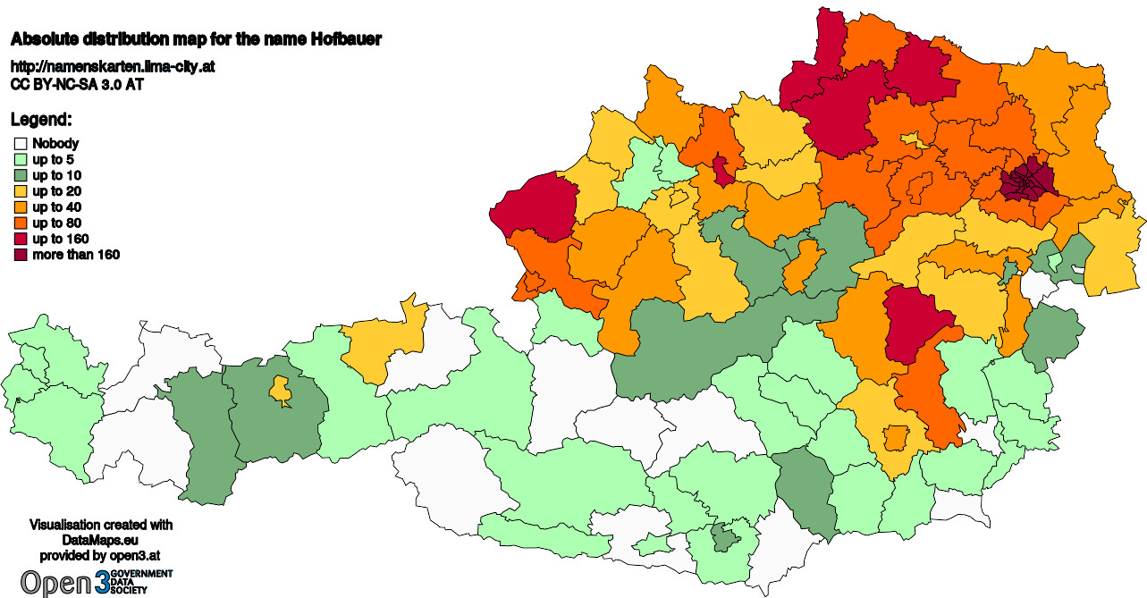 Absolute Distribution maps for surname Hofbauer