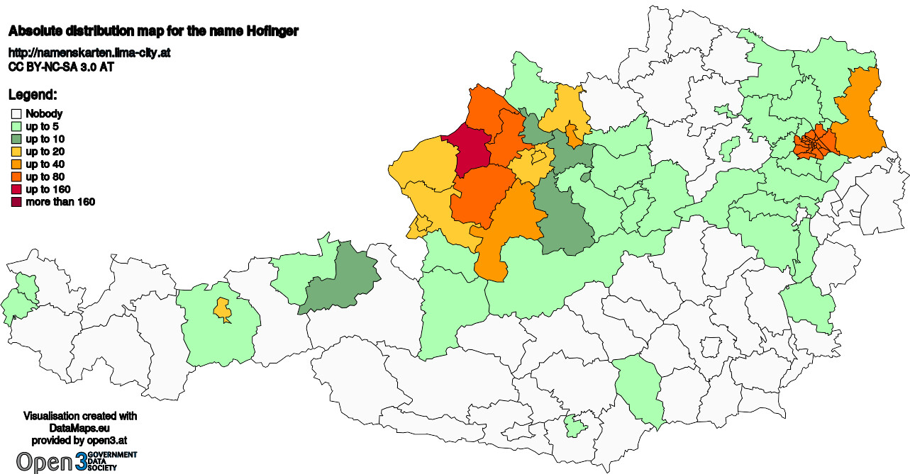 Absolute Distribution maps for surname Hofinger