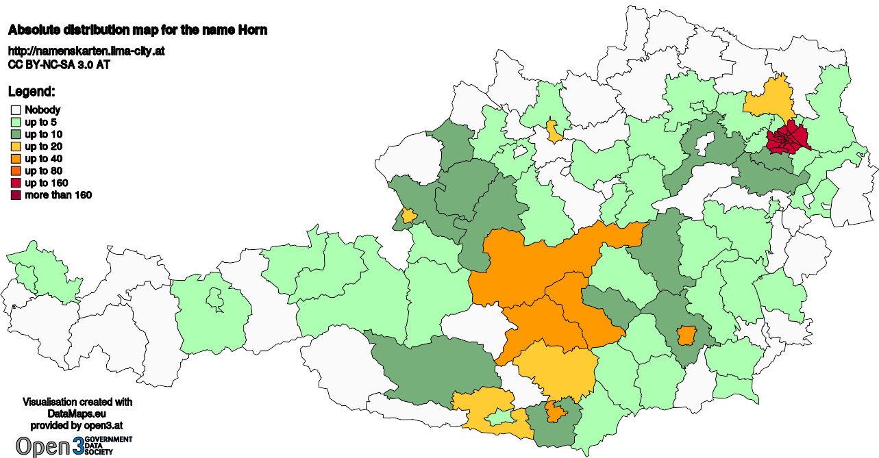 Absolute Distribution maps for surname Horn