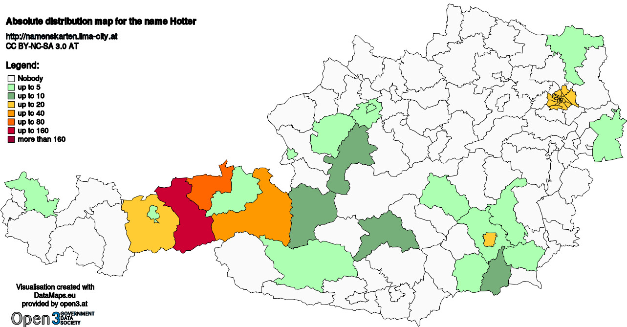 Absolute Distribution maps for surname Hotter