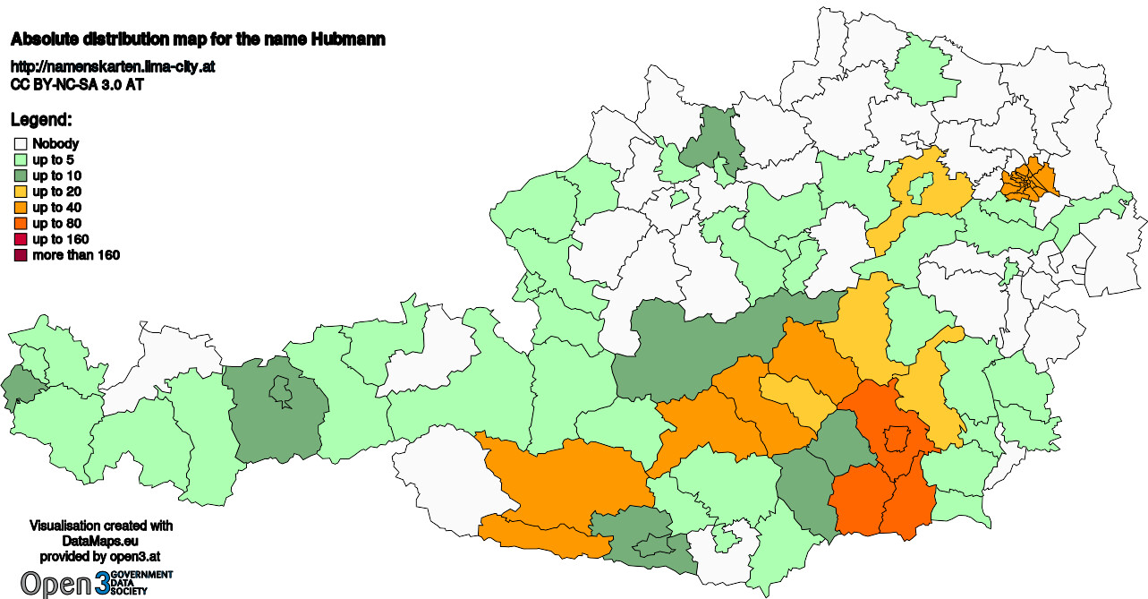 Absolute Distribution maps for surname Hubmann