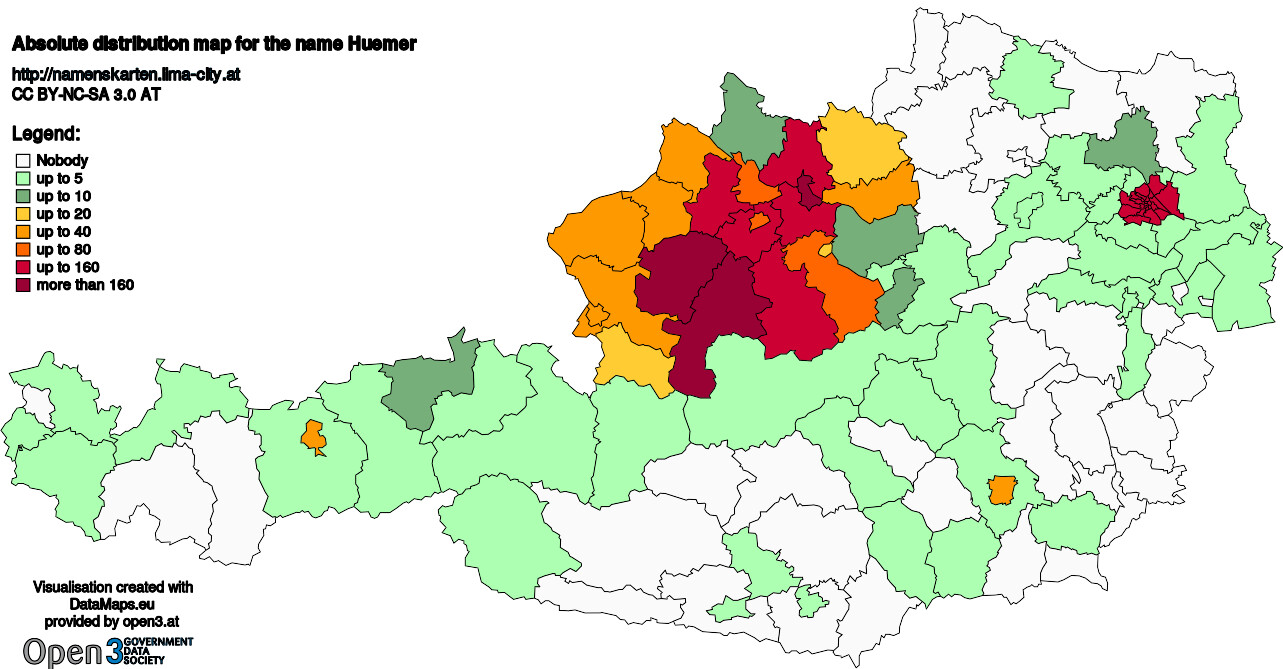 Absolute Distribution maps for surname Huemer