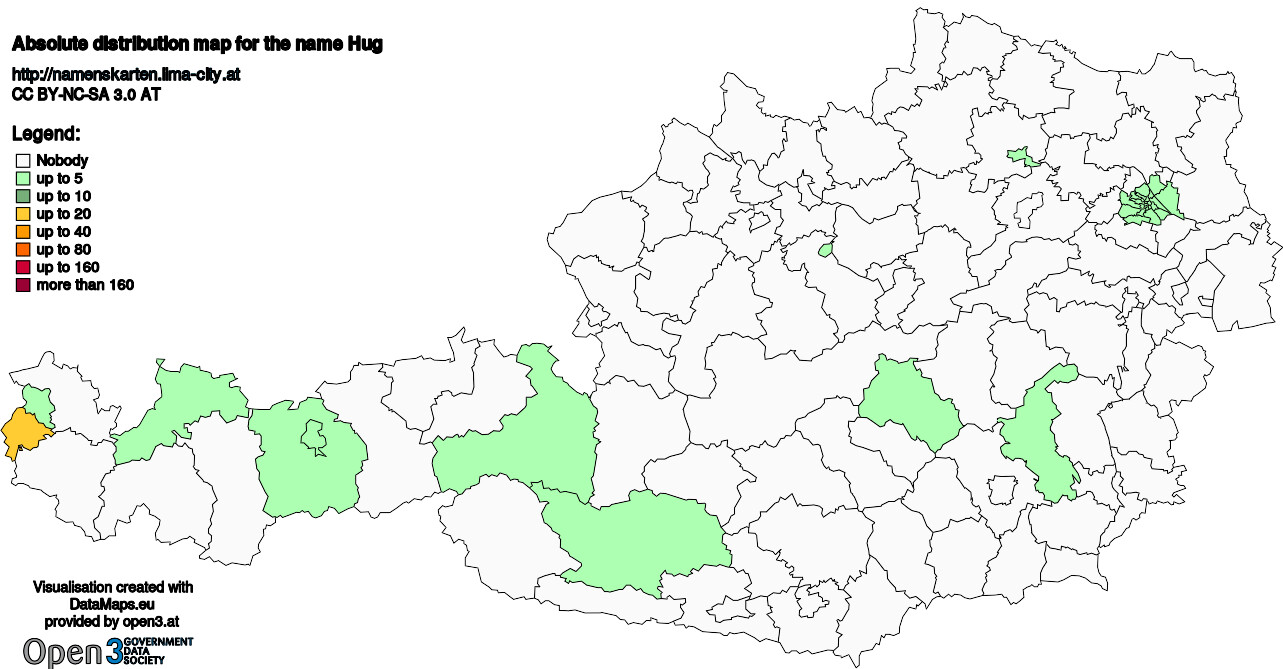 Absolute Distribution maps for surname Hug